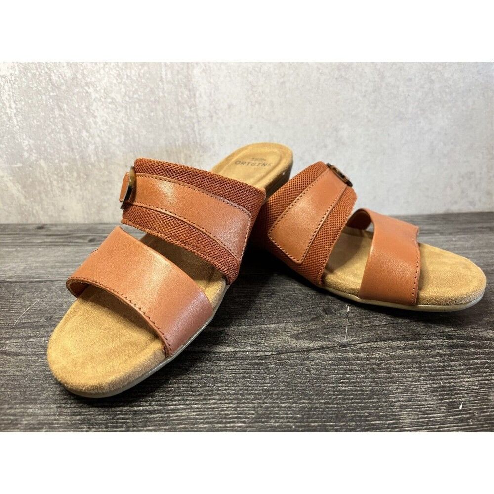 Earth Origins Brown Leather Slide Sandals Brynley Size 8.5